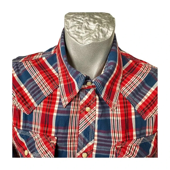 True Religion Mens Shirts Size XXL LS  Western Blue Red White Plaid Pearl - Picture 3 of 9